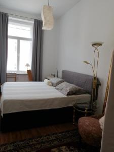 Schlafzimmer mit einem Bett und einem Fenster in der Unterkunft Alberthof Zittau in Zittau