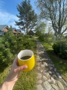 a person holding a cup of coffee in a yard at Domki Jasna Polana in Jastrzębia Góra