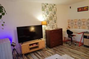 a living room with a large flat screen tv at Cosy T1bis proche CentreVille, Petit Port, Audencia in Nantes