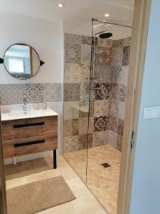 a bathroom with a shower with a sink and a mirror at Gites Lou Limbert in Valensole