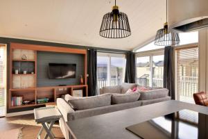 ライム・リージスにあるHazelwood 4 Pinewood Retreatのソファとテレビのあるリビングルーム