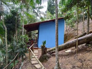 a house in the woods with a blue wall at Pousada do guariba in Santa Teresa