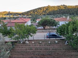 a car parked in a parking lot next to a mountain at ERAY PANSİYON in Gokceada Town