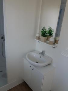 a white bathroom with a sink and a mirror at Mobile home Lux otok Murter in Jezera