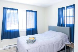 um quarto com uma cama branca e cortinas azuis em GORGEOUS Poconos Springtime by the Lake! em Henryville