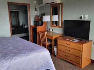 a bedroom with a bed and a desk with a television at Downtown Inn in Asheville