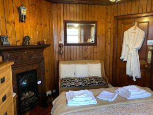 a bedroom with a bed with a fireplace and a robe at Dunivaig B&B in Tarbert