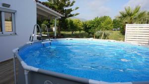 a large blue swimming pool in a backyard at Villa Liostasi in Lagolíon