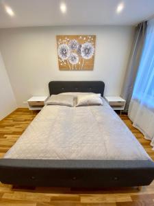 a large bed in a bedroom with two tables at Siguldas apartment in Liepāja
