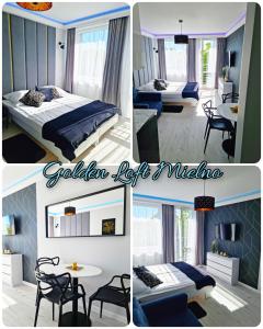 un collage de cuatro fotos de una habitación de hotel en Apartament Golden Loft Studio Planeta Mielno - 100m od plaży, en Mielno