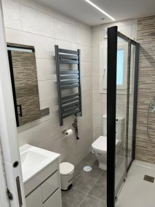 a bathroom with a toilet and a sink and a shower at Habitación individual con baño compartido, Pozuelo, casa Boutique in Pozuelo de Alarcón