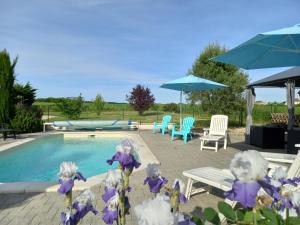 a swimming pool with purple flowers in front of it at Le Colombier in Ruffey-lès-Beaune