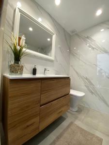 uma casa de banho com um lavatório, um WC e um espelho. em Playa Compostela em Vilagarcía de Arousa