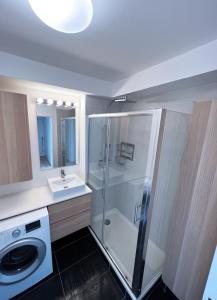 a bathroom with a shower and a washing machine at Charme et Douceur By UTA HOUSE in Saint-Denis