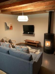 a living room with a blue couch and a fireplace at Chalet Moose in Morzine