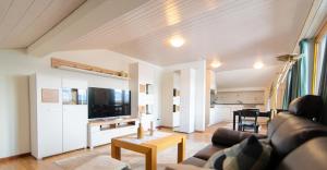 ein Wohnzimmer mit einem Sofa und einem TV in der Unterkunft Aparthotel-Almgasthaus Gemsli - A bisal Österreich überm Schweizer Rheintal in Sevelen