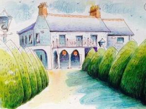 a painting of a house next to a road at Glendale Guestrooms in Cushendall