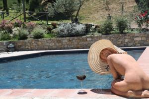 a man sitting next to a pool with a glass of wine at Agriturismo Borgo Il Bonagino in Radda in Chianti