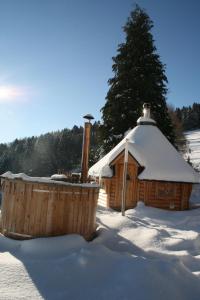 a wooden cabin with a snow covered roof at Le Bouton d'Or in Lapoutroie