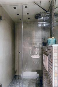 una persona parada en una ducha en un baño en Apartment 32, en Belgrado