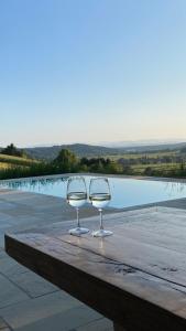 Landvilla Sinelia premium في Dietersdorf am Gnasbach: كأسين من النبيذ يجلسون على طاولة بجوار حمام السباحة