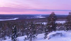 - une vue sur une forêt enneigée avec une rivière dans l'établissement Arctic City Nest, à Rovaniemi