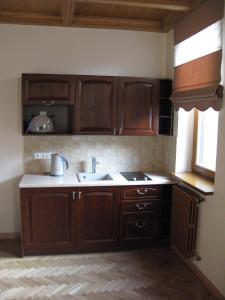 uma cozinha com armários de madeira, um lavatório e uma janela em Uzkanaves 15 em Palanga