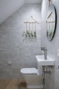 a bathroom with a toilet and a sink and a mirror at Apartaments la Rambla - Arbequina - 6 persones in Cornudella