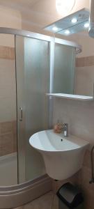a bathroom with a white sink and a shower at Apartments Donadic I, Caska in Novalja