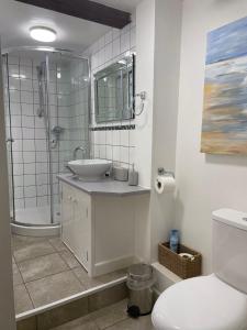 a bathroom with a sink and a shower and a toilet at Chiddy Nook Cottage in Chideock +21 photos