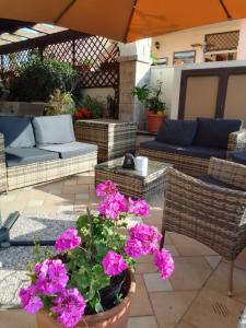 a patio with pink flowers in a pot at Castello Di Tavolara in Porto San Paolo