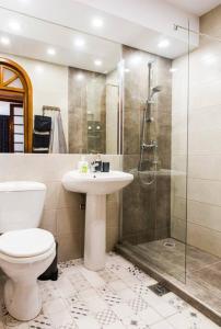 a bathroom with a toilet and a sink and a shower at Classy Apartment Unirii Square in Bucharest