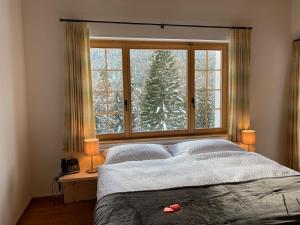 ein Schlafzimmer mit einem Bett und einem Fenster mit einem Weihnachtsbaum in der Unterkunft Chasa al Battaporta in Tschierv