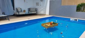 a toy basket in the water in a swimming pool at Cavo Orient Beach Hotel & Suites in Tragaki