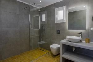 een badkamer met een douche, een wastafel en een toilet bij Bleu clair luxury living in Argostoli