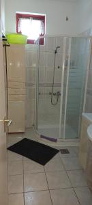 un bagno con doccia con porta in vetro di Berek Vendégház Fonyód a Fonyód