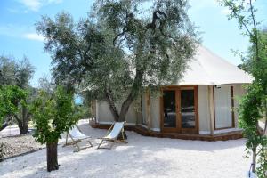 a house with two chairs and a tree at HMO Glamping & Suites in Vignanotica in Mattinata