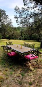 a picnic table with two chairs around it in a field at Le Cocon in Vézénobres