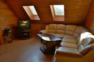 ein Wohnzimmer mit einem Sofa und einem TV in der Unterkunft Pie Pētera in Cēsis