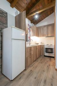 a white refrigerator in a kitchen with wooden cabinets at Ρίζες - Rizes in Repanídhion