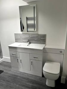 a bathroom with a white sink and a toilet at Quay33 Deluxe Apartment, Barbican, Plymouth in Plymouth