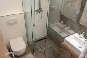 a bathroom with a shower and a toilet and a sink at Apartman Joso in Sukošan +4 photos