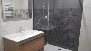 bagno con doccia, lavandino e specchio di Studio à la campagne sans vis à vis a Boulin