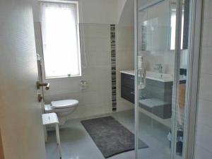 a bathroom with a toilet and a sink and a shower at Ferienwohnung "Christine" Objekt ID12096-8 in Waren