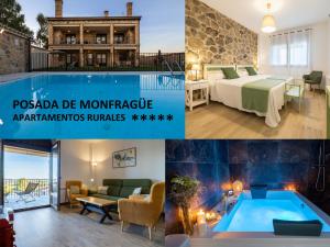 a collage of photos of a hotel room with a pool at Apartamentos rurales Posada de Monfragüe con jacuzzi in Malpartida de Plasencia