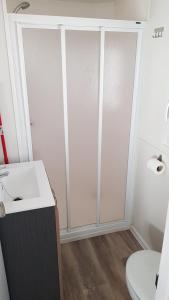 een badkamer met een douche, een wastafel en een toilet bij Camping Vall de Ribes in Ribes de Freser