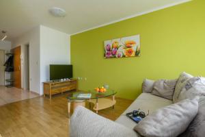 a living room with a couch and a green wall at Apartment Matej in Rabac