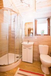 a bathroom with a shower and a toilet and a sink at domki letniskowe Ustka Sosnowo in Ustka +37 photos