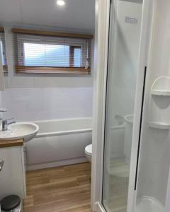 ein Bad mit einer Dusche, einem Waschbecken und einem WC in der Unterkunft Llwyngwair Manor, Newport, PEMBROKESHIRE in Newport