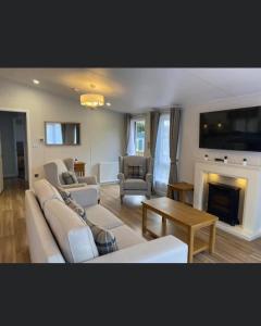 a living room with white furniture and a fireplace at Llwyngwair Manor, Newport, PEMBROKESHIRE in Newport Pembrokeshire